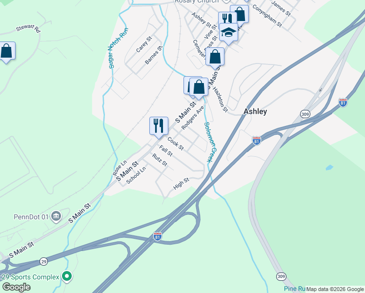 map of restaurants, bars, coffee shops, grocery stores, and more near 36 Cook Street in Ashley