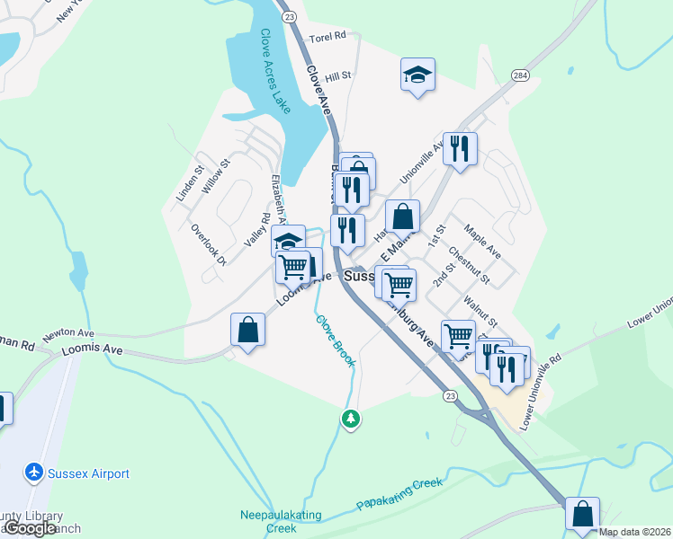 map of restaurants, bars, coffee shops, grocery stores, and more near 7 Mill Street in Sussex