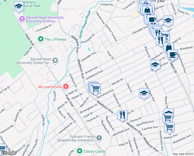 map of restaurants, bars, coffee shops, grocery stores, and more near 570 Ruth Street in Bridgeport