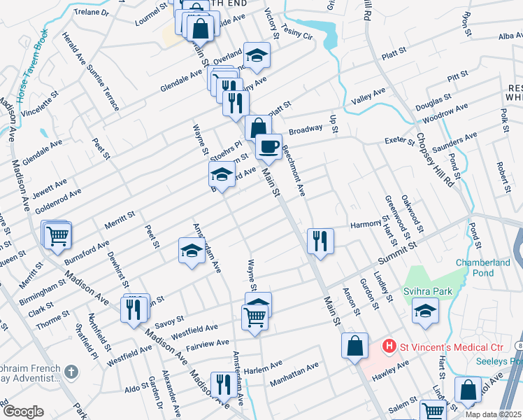 map of restaurants, bars, coffee shops, grocery stores, and more near 136 Thorme Street in Bridgeport