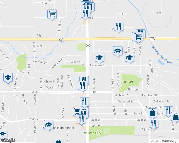 map of restaurants, bars, coffee shops, grocery stores, and more near 5016 South 83rd Street in Omaha