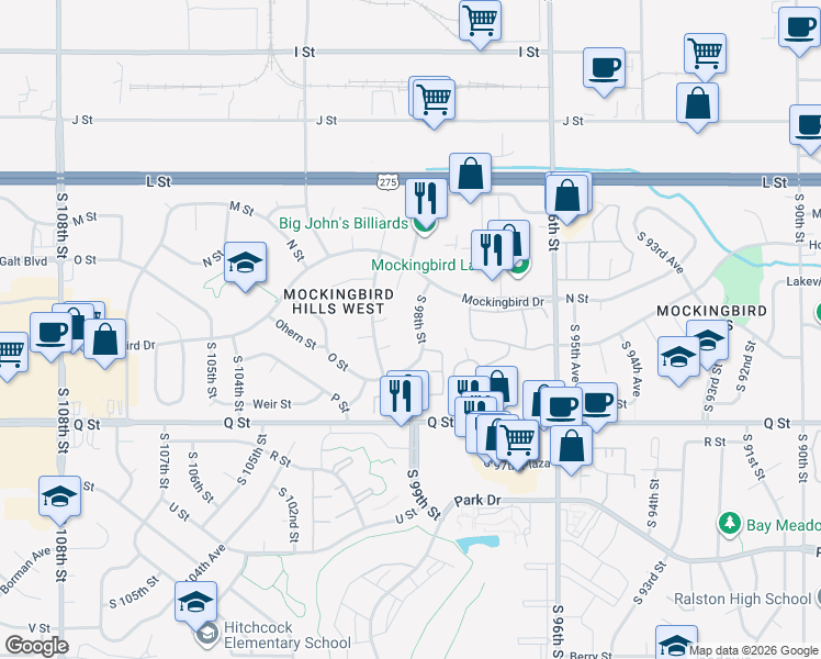 map of restaurants, bars, coffee shops, grocery stores, and more near 5030 South 98th Street in Omaha