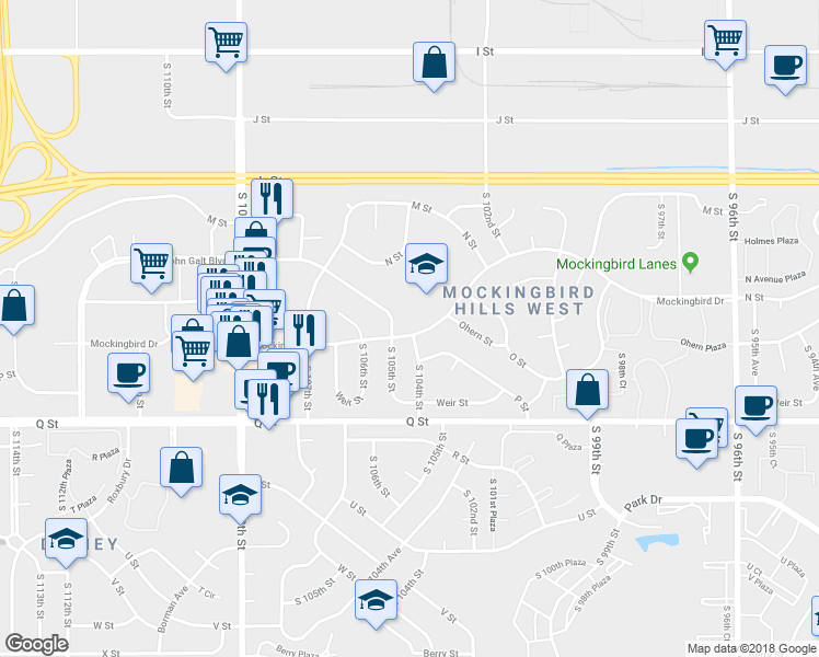 map of restaurants, bars, coffee shops, grocery stores, and more near 10406 Mockingbird Drive in Omaha