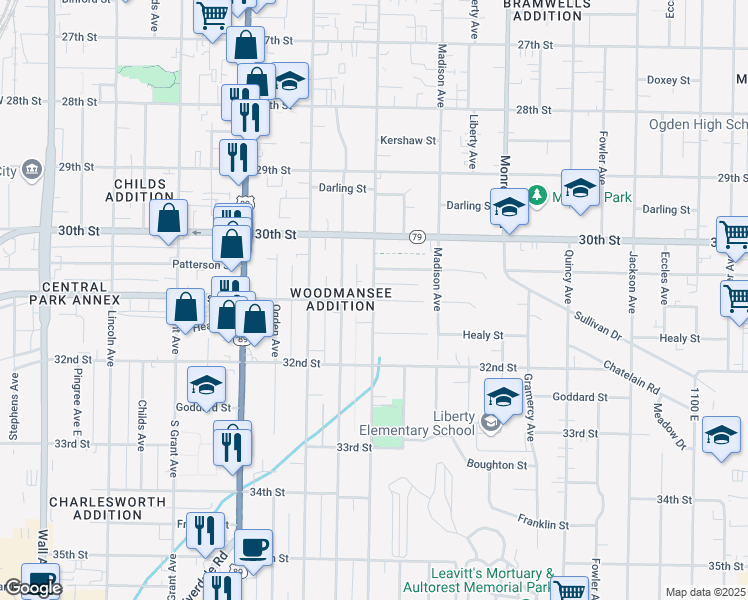 map of restaurants, bars, coffee shops, grocery stores, and more near 600 East 31st Street in Ogden