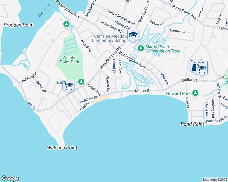 map of restaurants, bars, coffee shops, grocery stores, and more near 23 Bayshore Dr in Milford