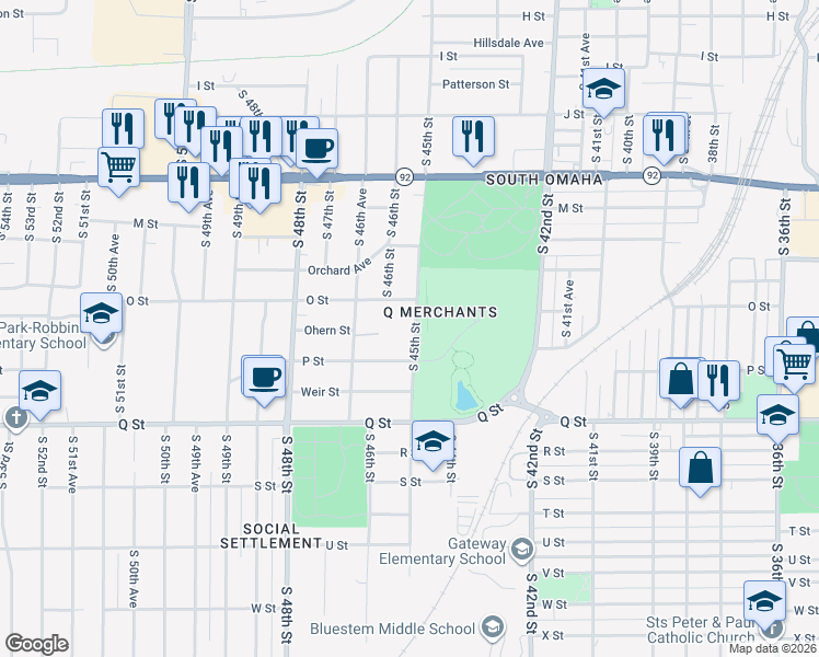 map of restaurants, bars, coffee shops, grocery stores, and more near 5008 South 45th Street in Omaha