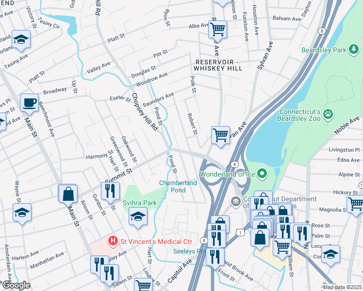 map of restaurants, bars, coffee shops, grocery stores, and more near 315 Chamberlain Avenue in Bridgeport