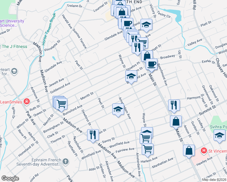 map of restaurants, bars, coffee shops, grocery stores, and more near 390 Birmingham Street in Bridgeport