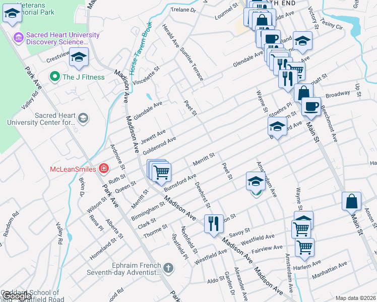 map of restaurants, bars, coffee shops, grocery stores, and more near 568 Queen Street in Bridgeport