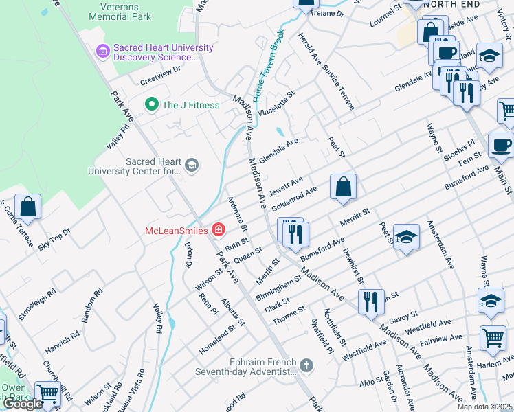 map of restaurants, bars, coffee shops, grocery stores, and more near 35 Ashton Street in Bridgeport