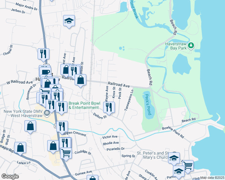 map of restaurants, bars, coffee shops, grocery stores, and more near 9 Peck Street in West Haverstraw