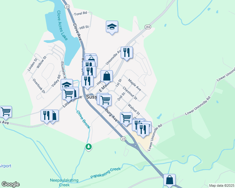 map of restaurants, bars, coffee shops, grocery stores, and more near 6 Walnut Street in Sussex