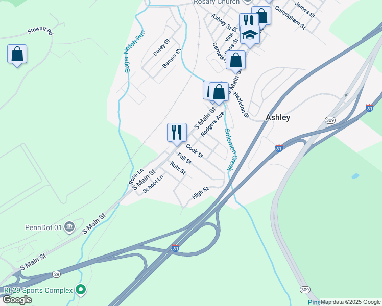 map of restaurants, bars, coffee shops, grocery stores, and more near 11 Cook St in Ashley