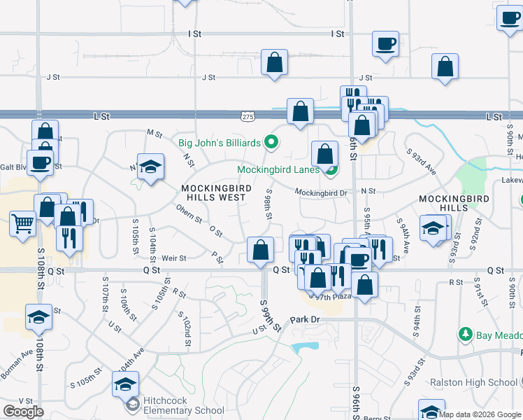 map of restaurants, bars, coffee shops, grocery stores, and more near 5030 South 98th Street in Omaha