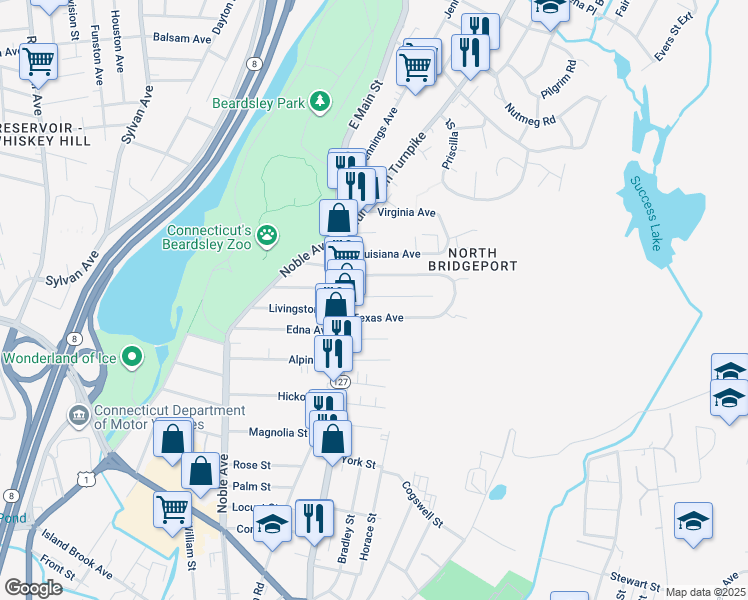 map of restaurants, bars, coffee shops, grocery stores, and more near 70 Ohio Avenue in Bridgeport