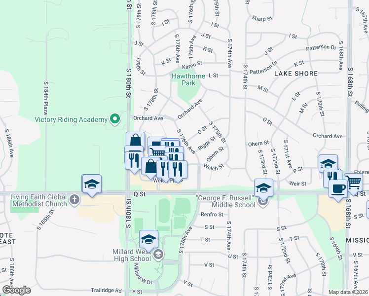 map of restaurants, bars, coffee shops, grocery stores, and more near 5008 South 176th Avenue in Omaha