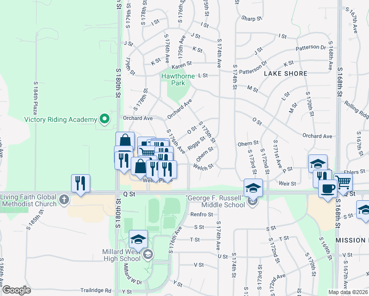 map of restaurants, bars, coffee shops, grocery stores, and more near 17630 Riggs Street in Omaha