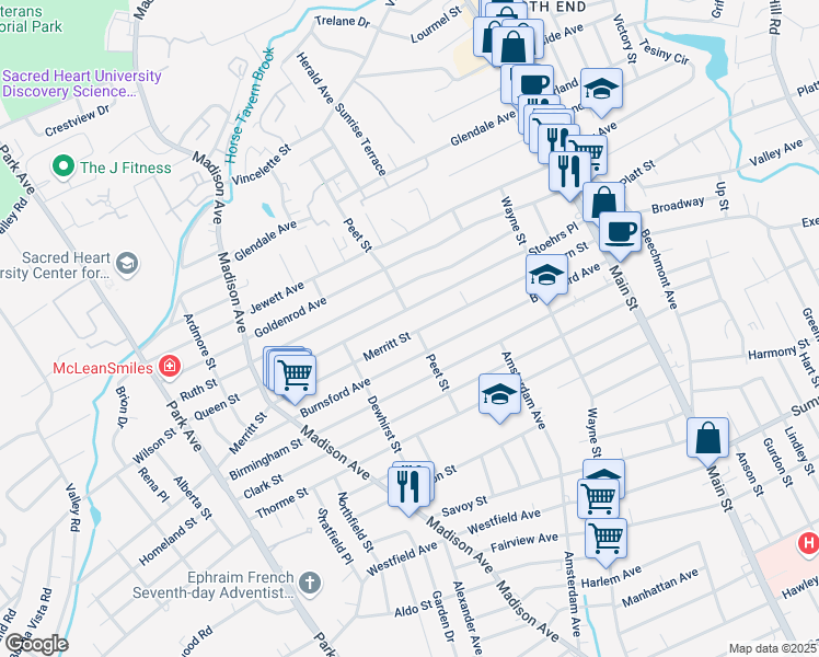 map of restaurants, bars, coffee shops, grocery stores, and more near 416 Merritt Street in Bridgeport