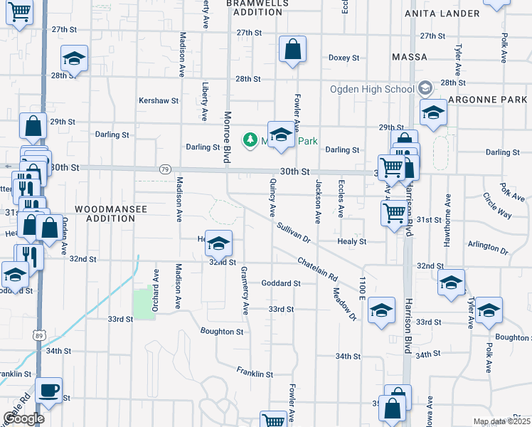 map of restaurants, bars, coffee shops, grocery stores, and more near 3085 Quincy Avenue in Ogden
