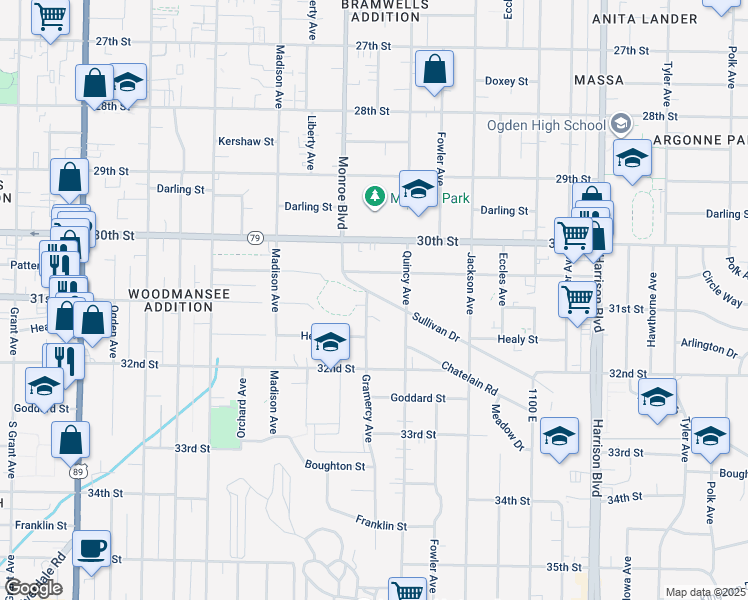 map of restaurants, bars, coffee shops, grocery stores, and more near 3092 Gramercy Avenue in Ogden