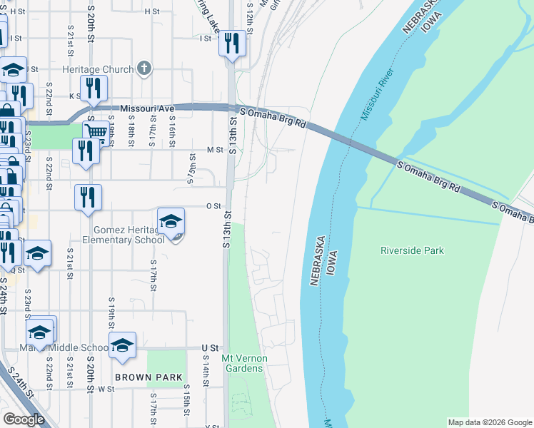 map of restaurants, bars, coffee shops, grocery stores, and more near 5600 South 10th Street in Omaha