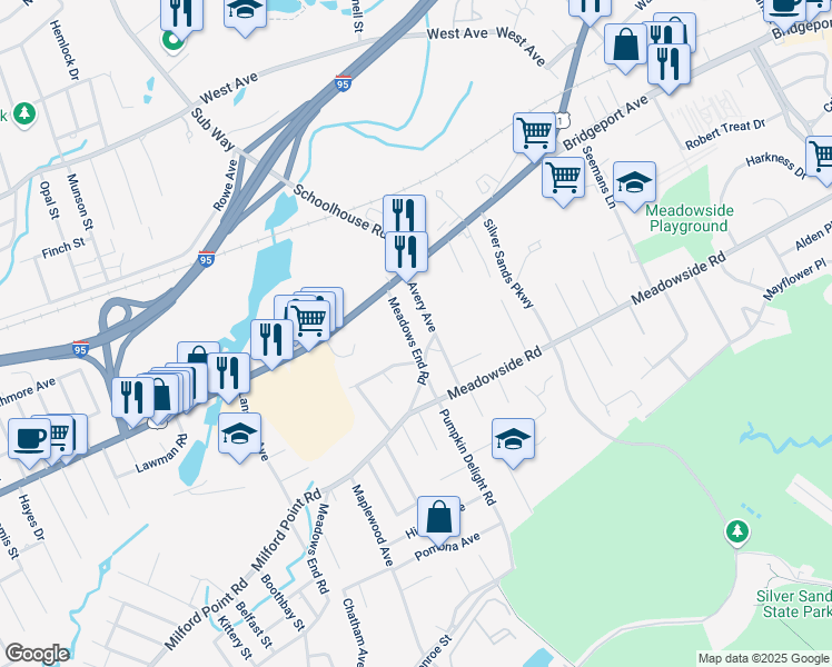 map of restaurants, bars, coffee shops, grocery stores, and more near 37 Meadows End Road in Milford