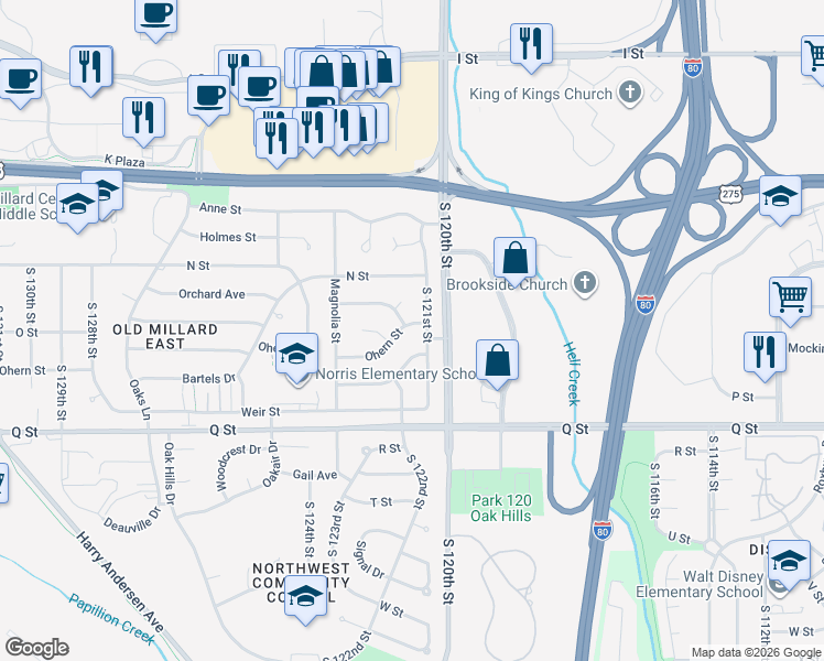 map of restaurants, bars, coffee shops, grocery stores, and more near 12113 Ohern Street in Omaha