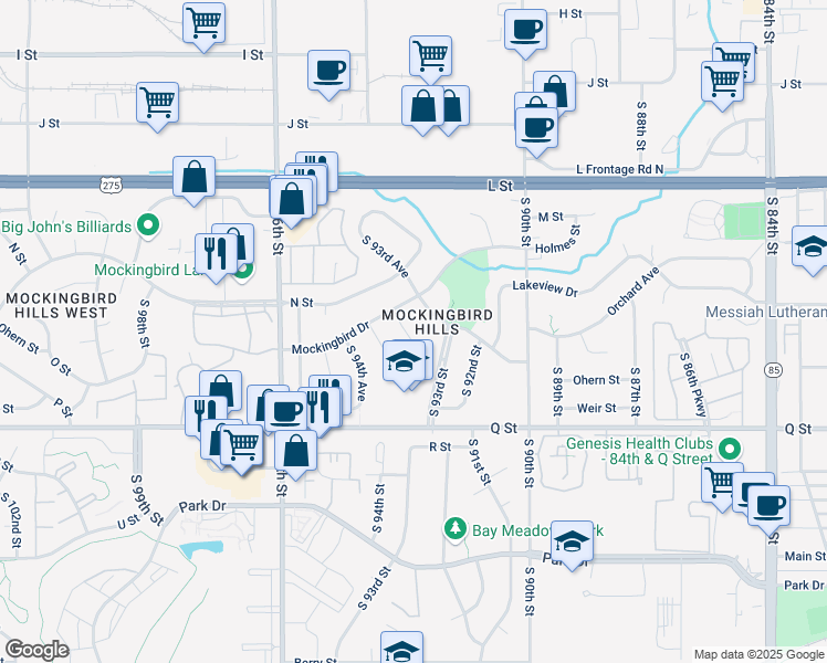 map of restaurants, bars, coffee shops, grocery stores, and more near 5021 South 93rd Circle in Omaha