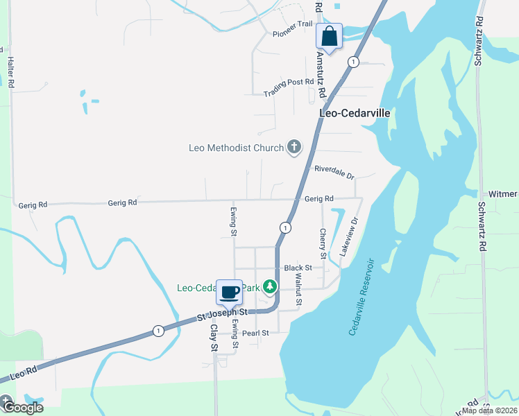 map of restaurants, bars, coffee shops, grocery stores, and more near 9724 Gerig Road in Leo-Cedarville