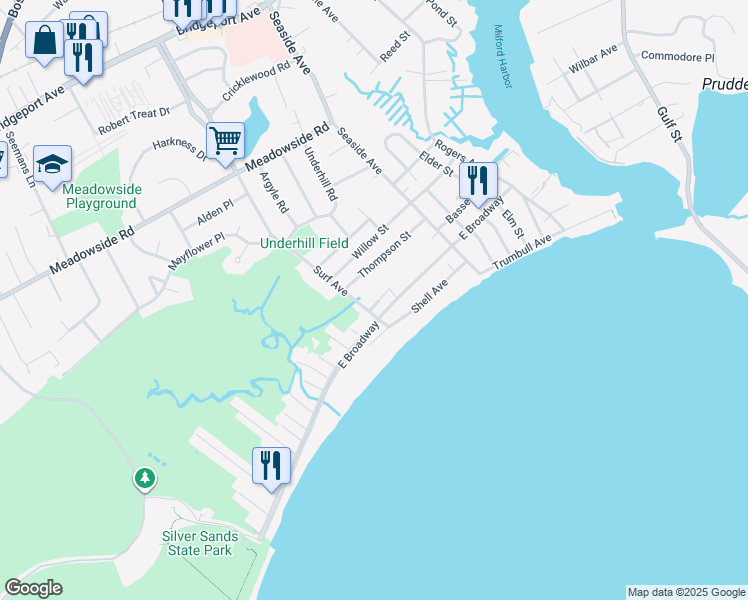 map of restaurants, bars, coffee shops, grocery stores, and more near 107 Mariners Walk in Milford