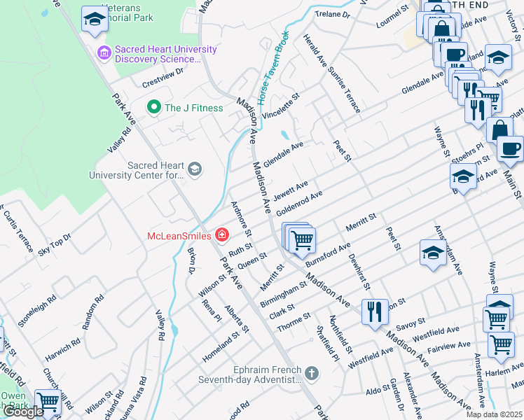 map of restaurants, bars, coffee shops, grocery stores, and more near 35 Ashton Street in Bridgeport