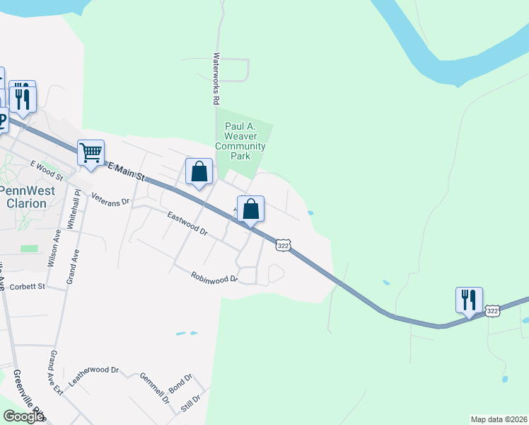 map of restaurants, bars, coffee shops, grocery stores, and more near 1400-1540 Reed Street in Clarion