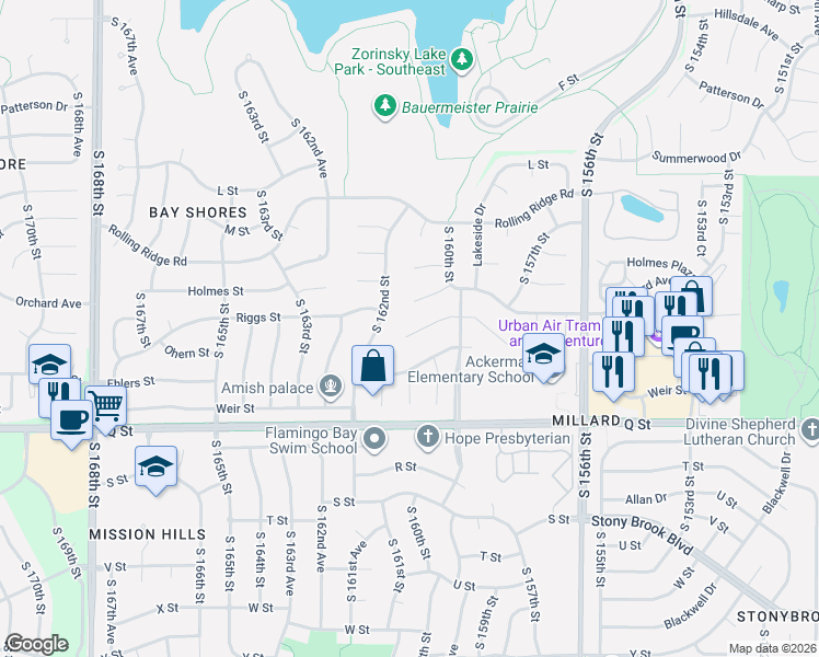 map of restaurants, bars, coffee shops, grocery stores, and more near 15928 O Circle in Omaha