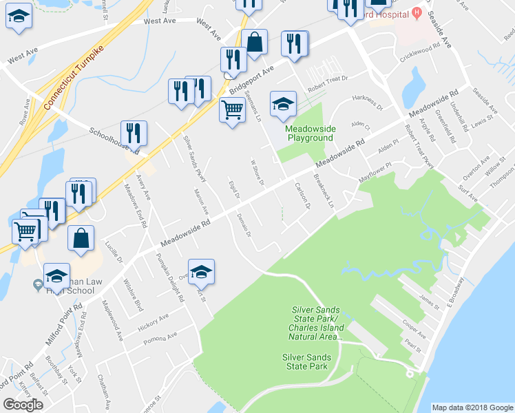 map of restaurants, bars, coffee shops, grocery stores, and more near 12 Great Meadow Road in Milford