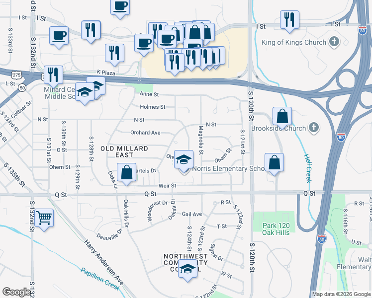 map of restaurants, bars, coffee shops, grocery stores, and more near 5010 South 124th Street in Omaha