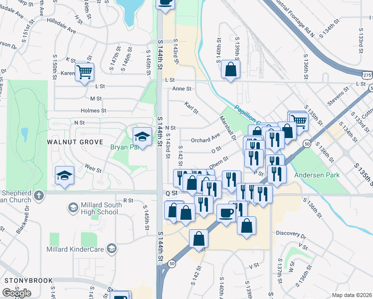 map of restaurants, bars, coffee shops, grocery stores, and more near 14158 O Street in Omaha