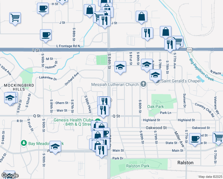 map of restaurants, bars, coffee shops, grocery stores, and more near 5016 South 83rd Street in Omaha