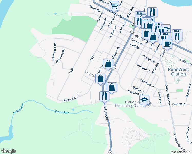 map of restaurants, bars, coffee shops, grocery stores, and more near 264 South 4th Avenue in Clarion