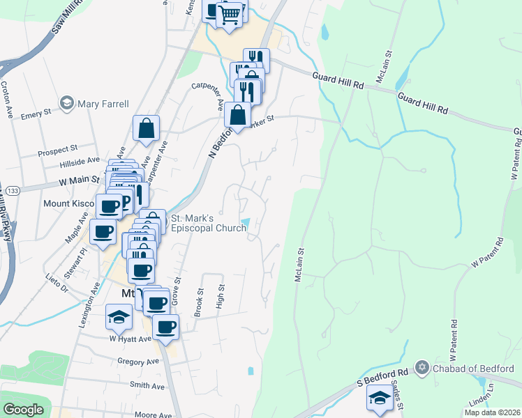 map of restaurants, bars, coffee shops, grocery stores, and more near 3304 Victoria Drive in Mount Kisco
