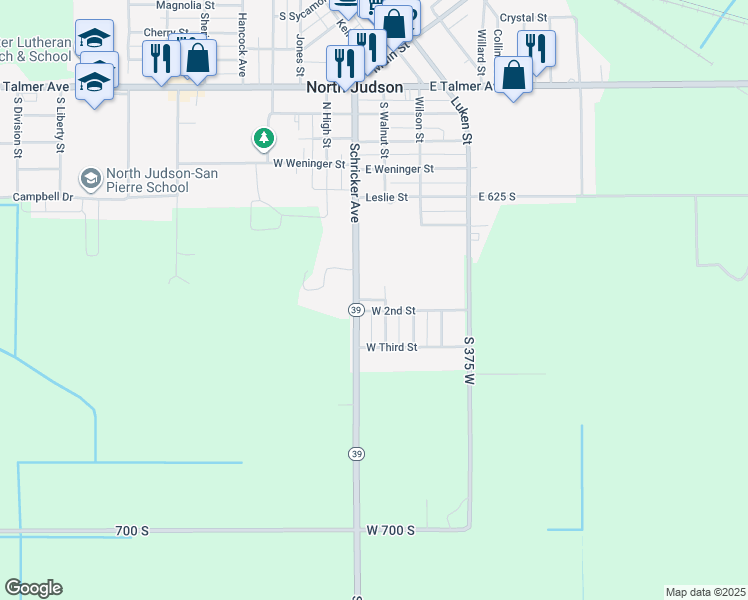 map of restaurants, bars, coffee shops, grocery stores, and more near 1st Street in North Judson