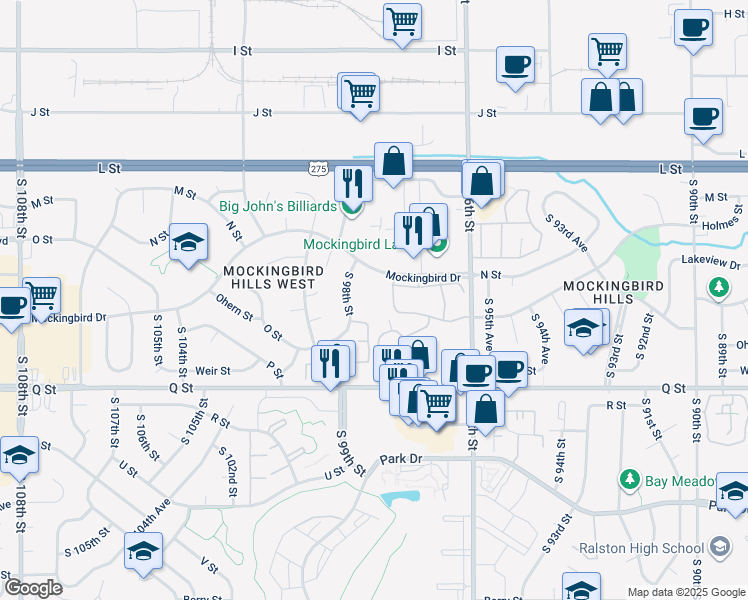 map of restaurants, bars, coffee shops, grocery stores, and more near 9755 Mockingbird Drive in Omaha