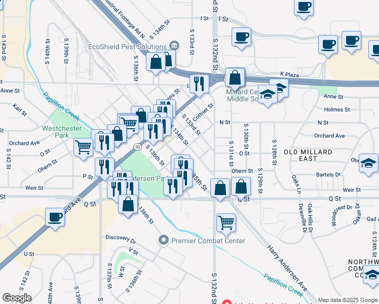 map of restaurants, bars, coffee shops, grocery stores, and more near 5006 North 134th Avenue in Omaha