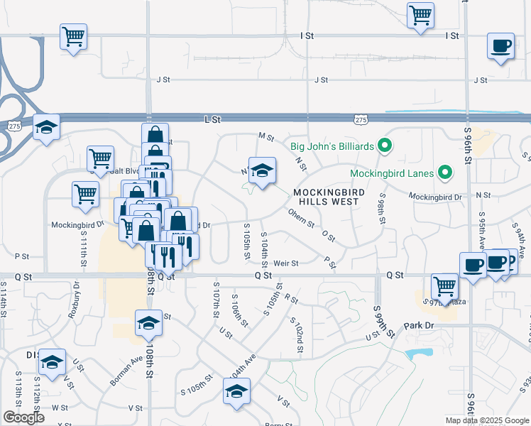 map of restaurants, bars, coffee shops, grocery stores, and more near 10406 Mockingbird Drive in Omaha