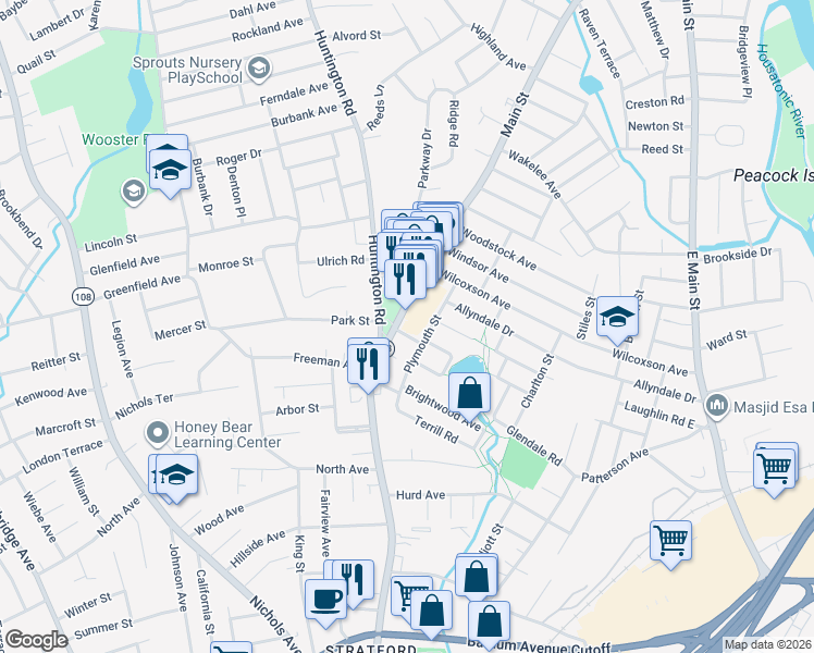 map of restaurants, bars, coffee shops, grocery stores, and more near 3544 Main Street in Stratford