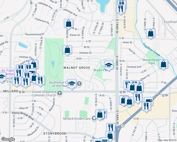 map of restaurants, bars, coffee shops, grocery stores, and more near 14727 O Circle in Omaha