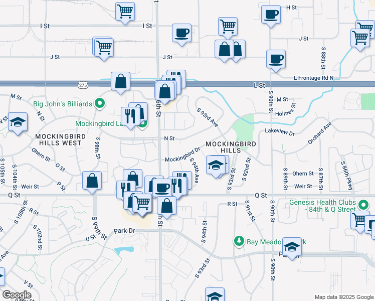 map of restaurants, bars, coffee shops, grocery stores, and more near 9462 Mockingbird Drive in Omaha