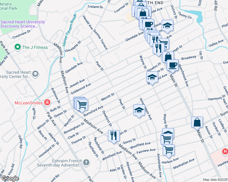 map of restaurants, bars, coffee shops, grocery stores, and more near 416 Merritt Street in Bridgeport
