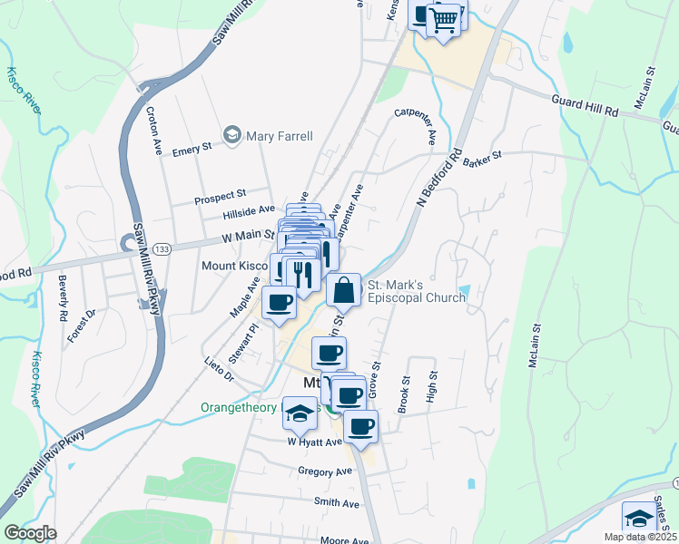 map of restaurants, bars, coffee shops, grocery stores, and more near in Mount Kisco