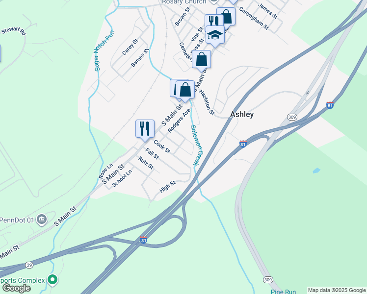 map of restaurants, bars, coffee shops, grocery stores, and more near 46-48 Wyoming Street in Ashley