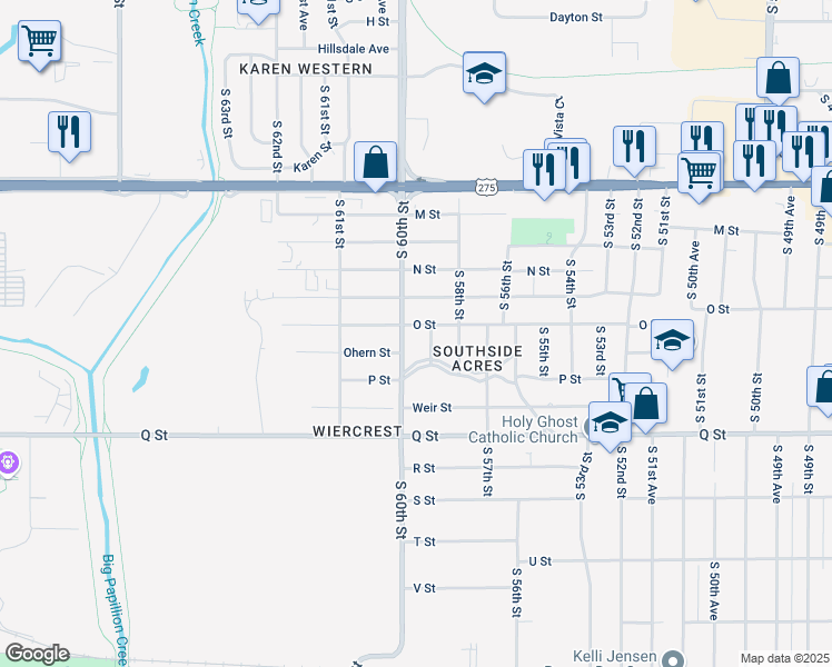 map of restaurants, bars, coffee shops, grocery stores, and more near 5015 South 60th Street in Omaha